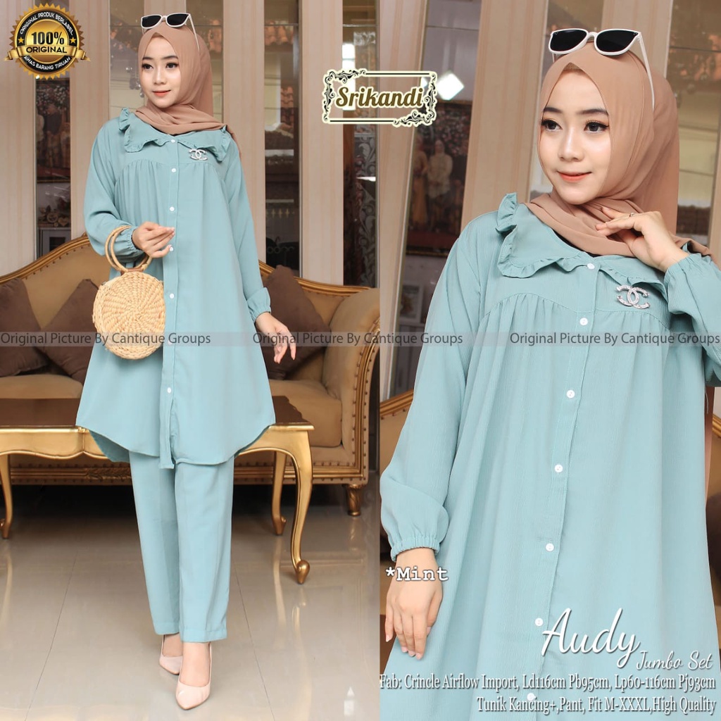 AUDY JUMBO SET BY SRIKANDI ONE SET SETCEL TUNIK PANTS WANITA CASUAL POLOS JUMBO BAHAN CRINKLE AIRFLO