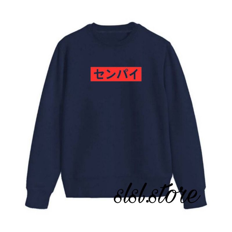 Crewneck Pria Original Tulisan Jepang Bahan Katun Flece Tebal Basic Sweater Krunek Cewe Korean Oversize Warna Hitam Crewnek Ori Black Distro