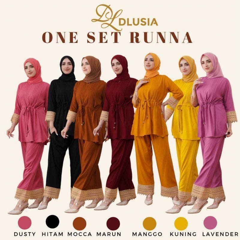 One Set Runna Setelan Wanita Rayon Premium Jumbo Renda Baju Wanita Set Celana Panjang Renda Kekinian LD 110 cm