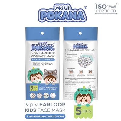 MASKER ANAK POKANA KIDS FACE MASKER 3 PLY ISI 5 EARLOOP - HEADLOOP