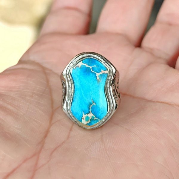 Cincin Batu Akik Natural Pirus Biru Nevada Motif Terompa