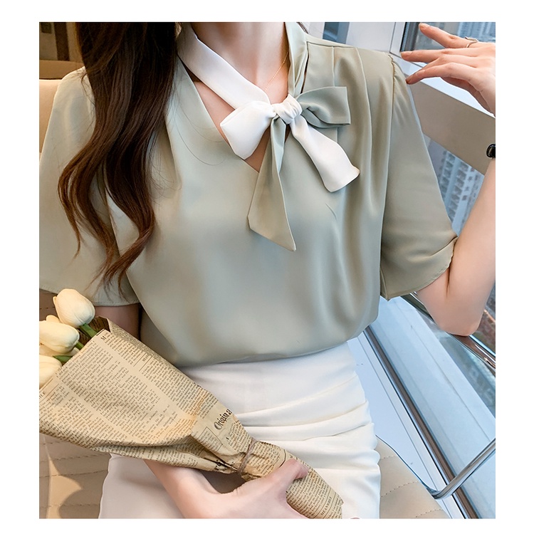 COD New 2022 Fashion Korean Summer Solid Pink Blue Green White Casual Work Short Sleeve Shirts Women Blouse Tops Blus Wanita Lengan Pendek