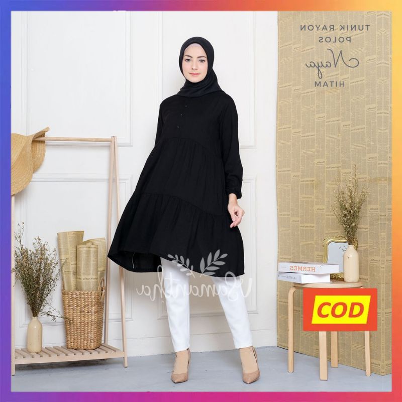 Raszi Official Tunik Muslim Polos Lengan Panjang Motif Rempel Bahan Rayon Premium Warna Hitam