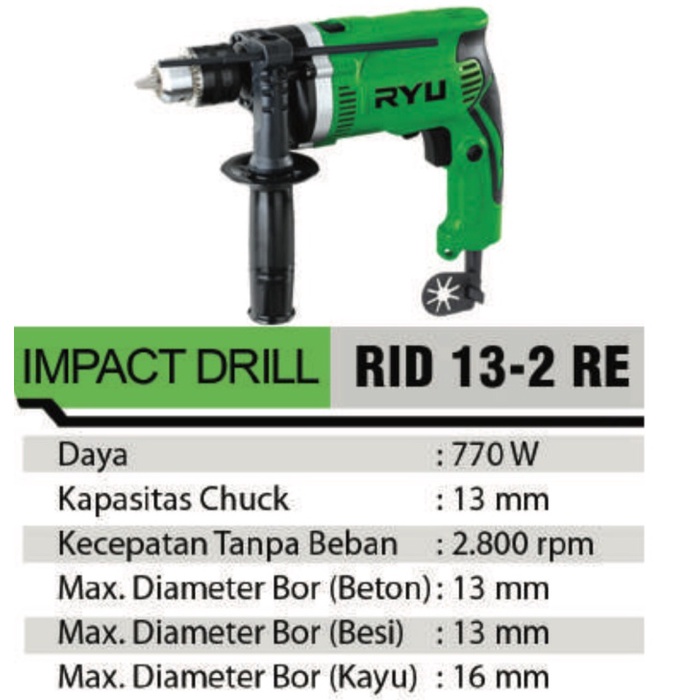 RYU IMPACT DRILL RID 13-2 RE / MESIN BOR TANGAN RYU / MESIN BOR BESI KAYU BETON / MESIN BOR TANGAN T