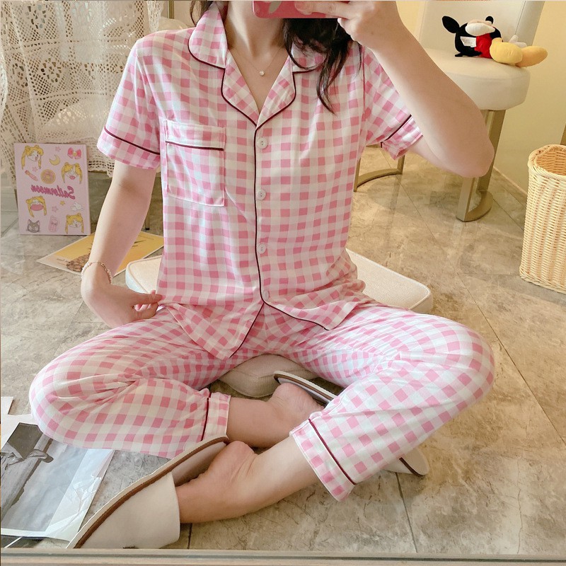 BAJU TIDUR PIYAMA SET KEMEJA CP LENGAN PENDEK CELANA PANJANG IMPORT PREMIUM BANYAK MOTIF PART 2-Kotak Pink