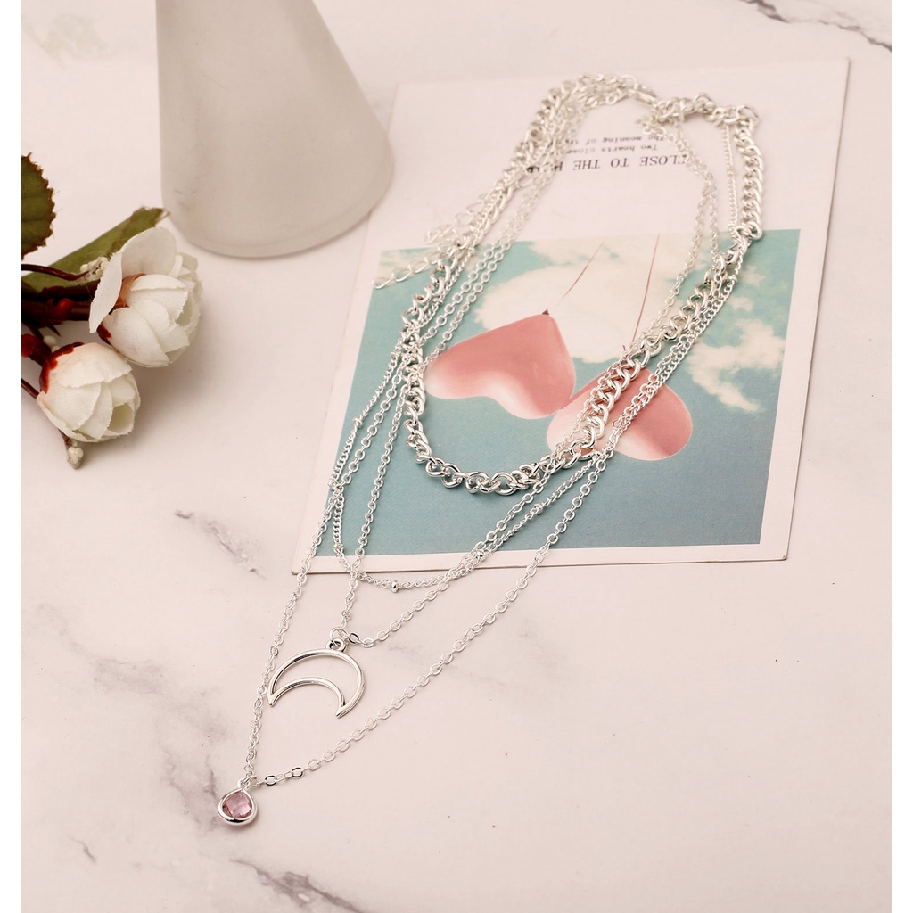 Kalung Rantai Multilayer Liontin Gembok Aksesoris Hijab Fashion Wanita Korean Style Layered Necklace Part 2-4
