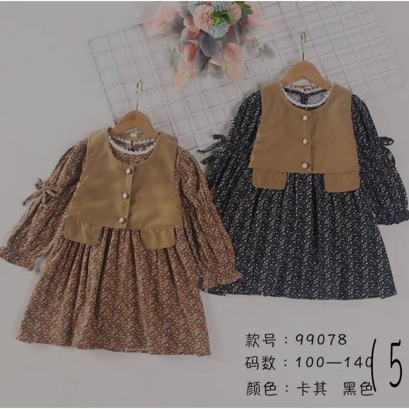 Dress Anak & Vest Lengan Panjang Motif Bunga Kecil Umur 3-7 Tahun