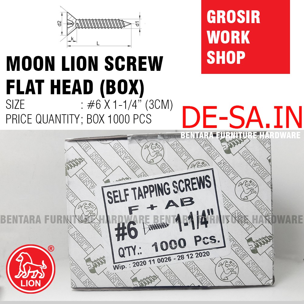 (GROSIR) #6x30MM Moon Lion Box 1000 PCS Skrup Tapping Screw (Sekrup Lion #6 X 1-1/4&quot;) (WORKSHOP)