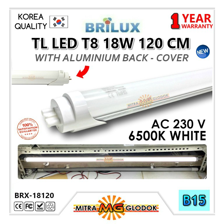 LED NEON TL T8 TUBE 18W 120CM ALUMINIUM BACK COVER BRILUX HIGH GRADE PUTIH - GARANSI 1 TAHUN - B15