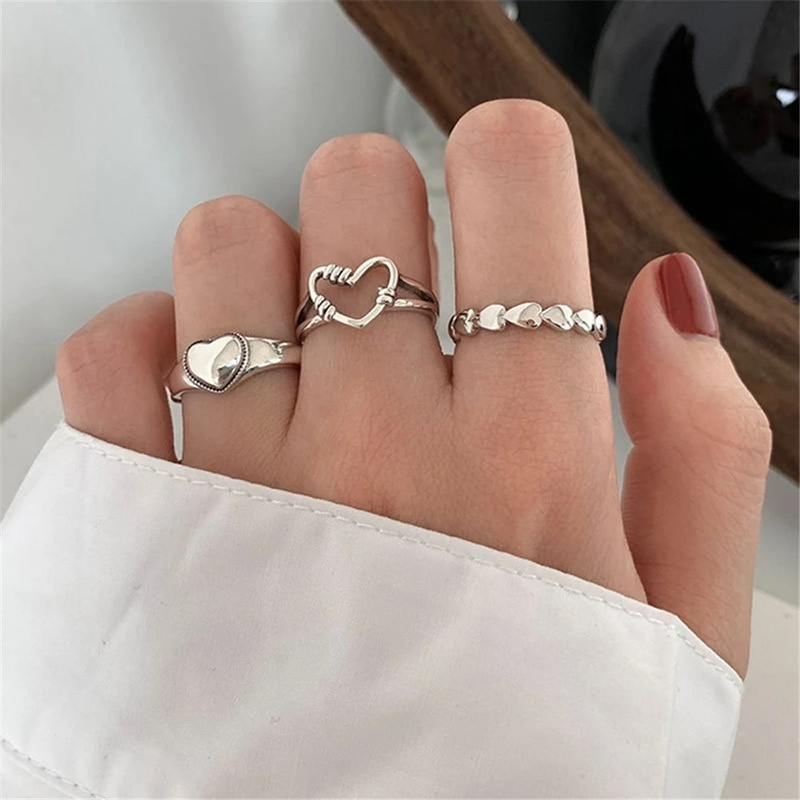 3pcs / Set Cincin Model Terbuka Desain Hati Hollow Gaya Simple / Populer Tipis Untuk Wanita