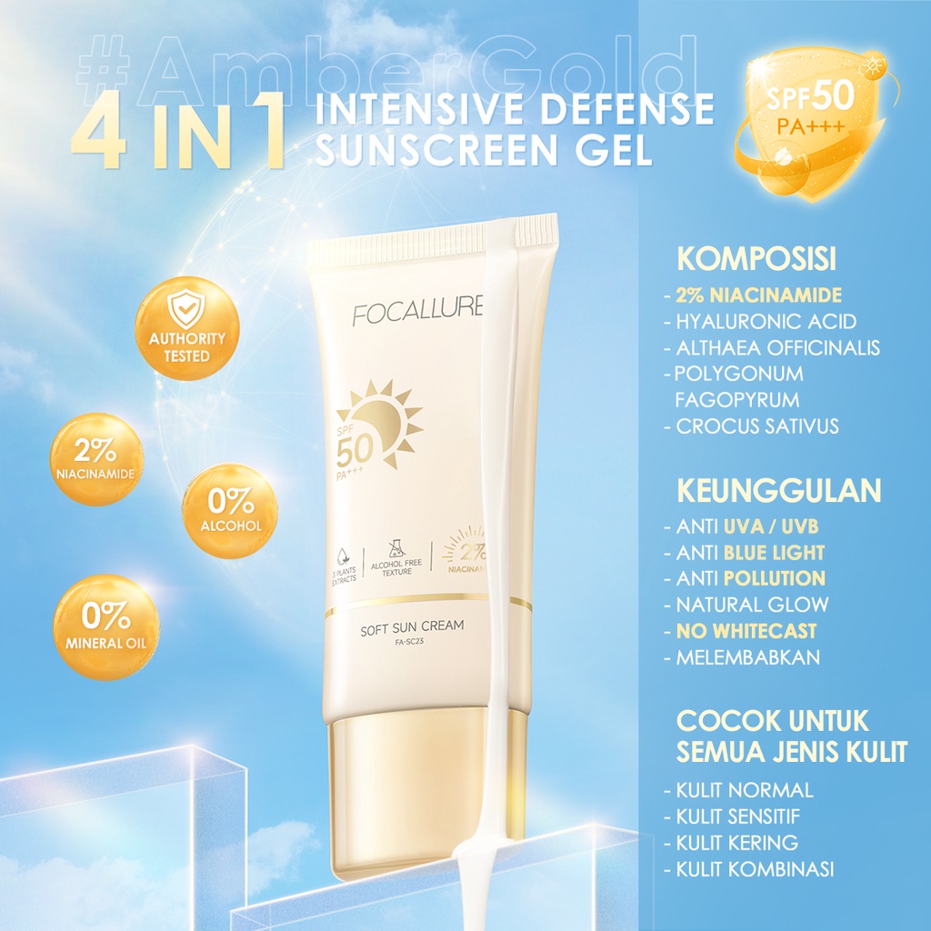 FOCALLURE SPF 50 PA+++ Sunscreen 30g Intensive Defense Sunscreen Gel Alcohol-free Tabir Surya FA-SC23