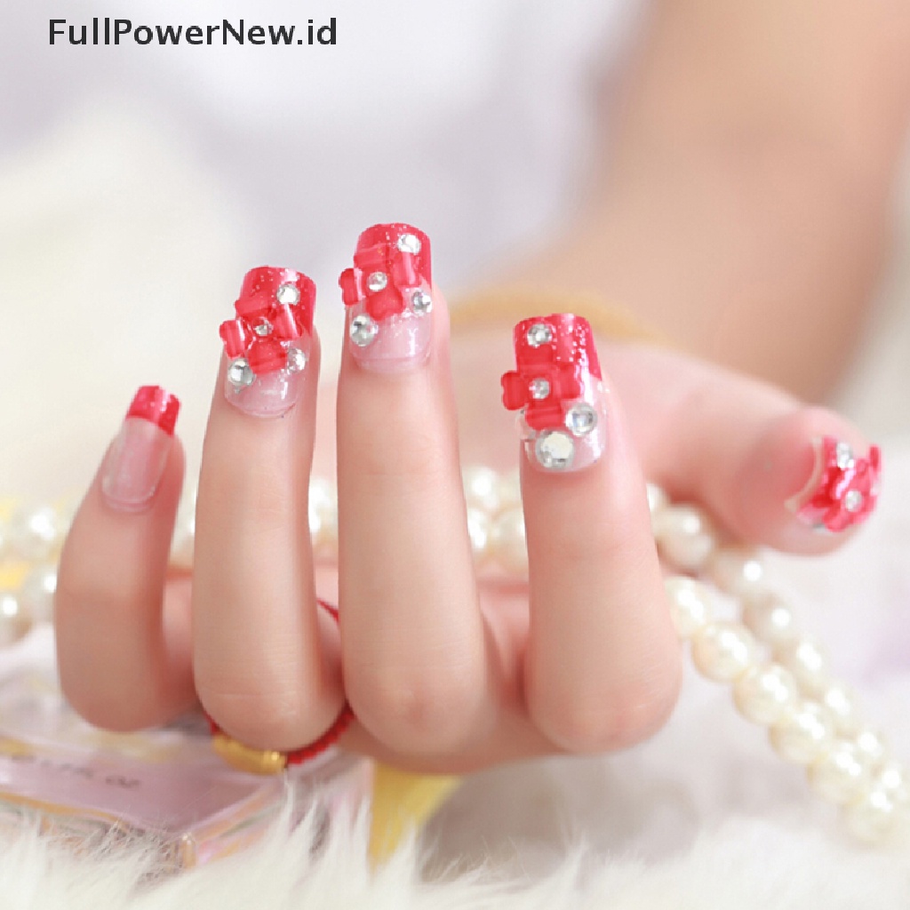 [KUKU PALSU] 24 Pcs/Set Red French Bride 3D Fake Nails Wrapped Tips Artificial False Nail .