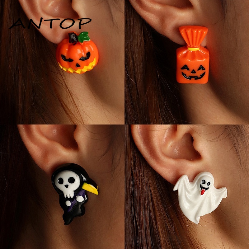 Horror Lucu Halloween Anting-Anting Tengkorak Labu Grim Reaper Horor Suasana Kancing Telinga Perhiasan Aksesoris ANTOP