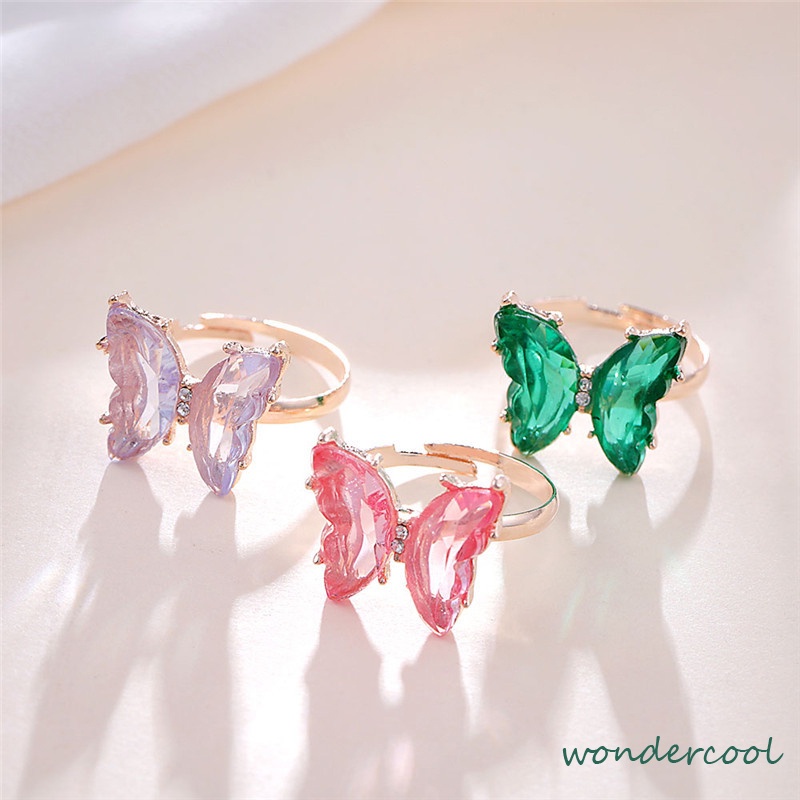 Fashion Cincin Kupu-kupu Terbuka Yang Dapat Disesuaikan Cincin Jari Transparan Berwarna-warni Untuk Hadiah Perhiasan Wanita-Won