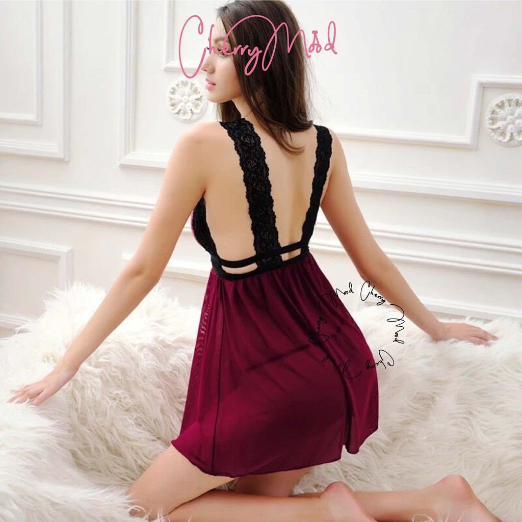 BOUGENVILL Lingerie Sexy Model V-Neck Motif Renda Transparan Baju Tidur Wanita Piyama Seksi Baju Dinas Depan Suami Sleepwear Gstring Termurah Baju Malam Pertama Terbaru Pakaian Dalaman Wanita-7