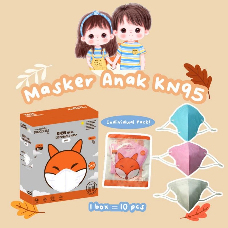 10PCS MASKER ANAK KN95 INDIVIDUAL PACK WARNA WARNI POLOS TALI EARLOOP ADJUSTABLE 5PLY PREMIUM UNTUK 