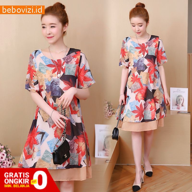 Dress Jumbo Pesta Midi Casual Lengan Pendek 5Xl Bahan Sifon Wanita