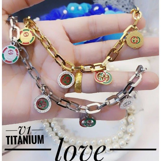 (OKT) PROMO Set Perhiasan TITANIUM Anti Karat Gelang Rantai Gucci Gold Silver Modis Realpic Xuping