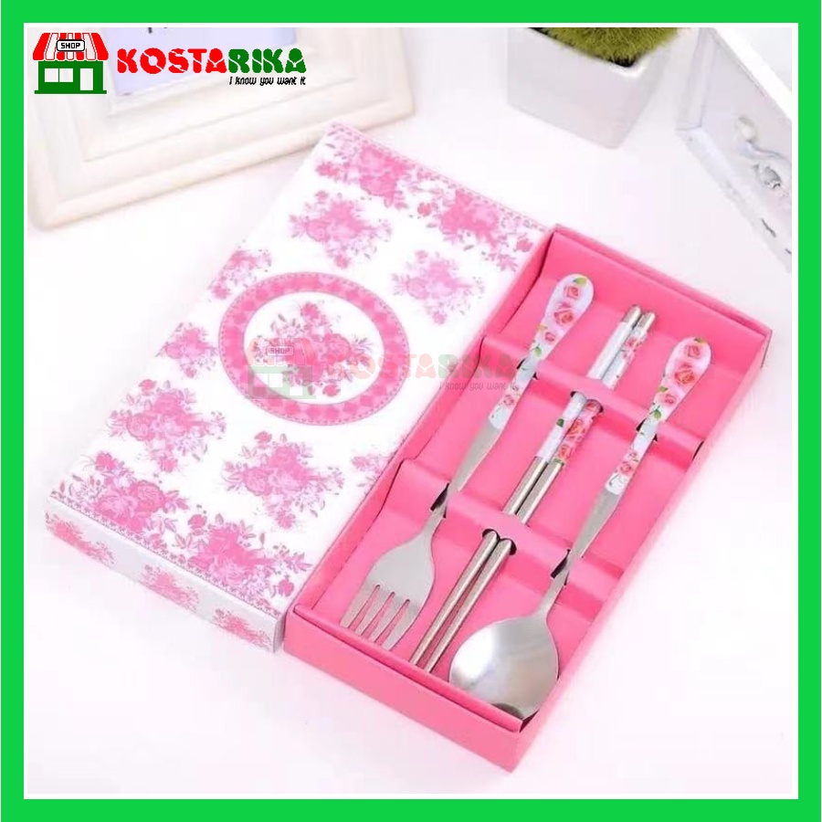 Sendok Garpu Sumpit Set 3 in 1 Stainless Box Pinky Souvenir