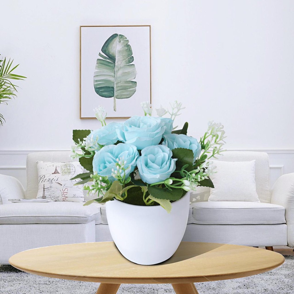 AM812 Bunga Plastik / Pajangan Bunga Artificial / Vas Bulat-Biru