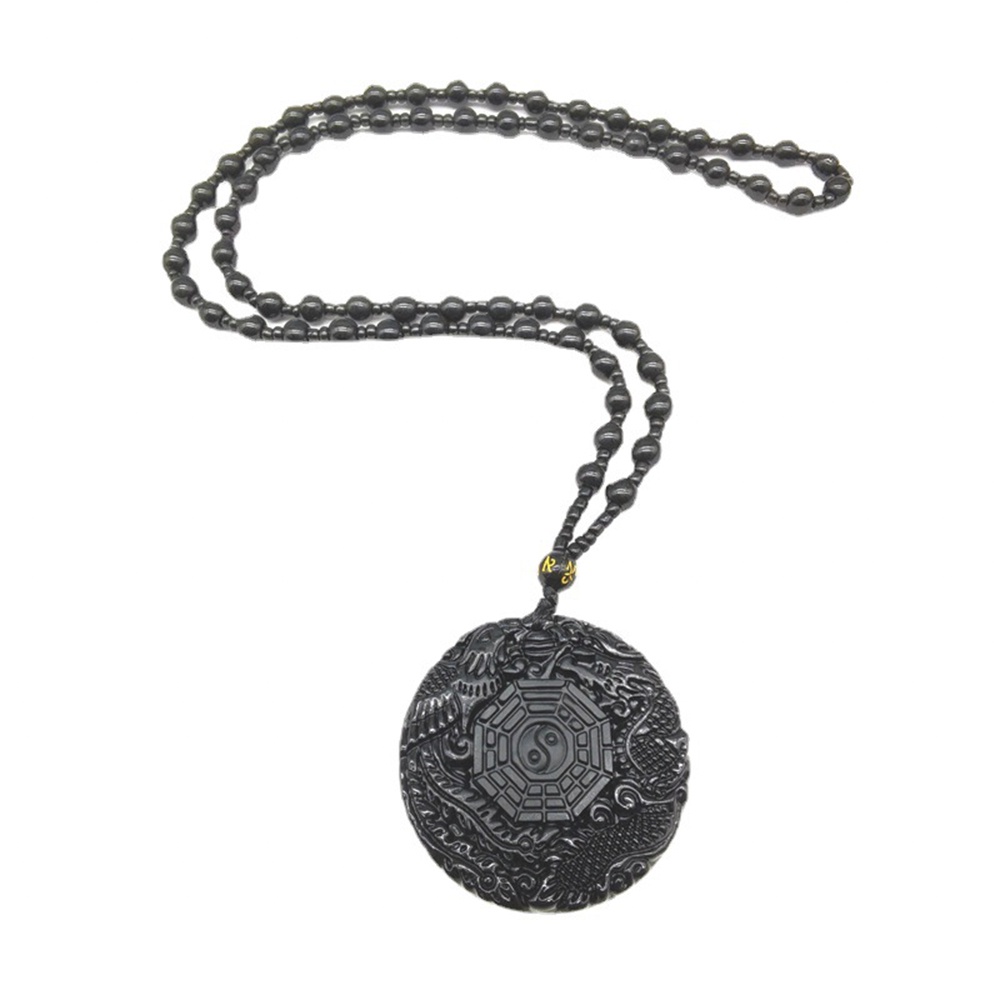 【COD Tangding】Kalung Liontin Batu Obsidian Hitam Motif Ukir Nagaphoenix Reiki Untuk Priawanita