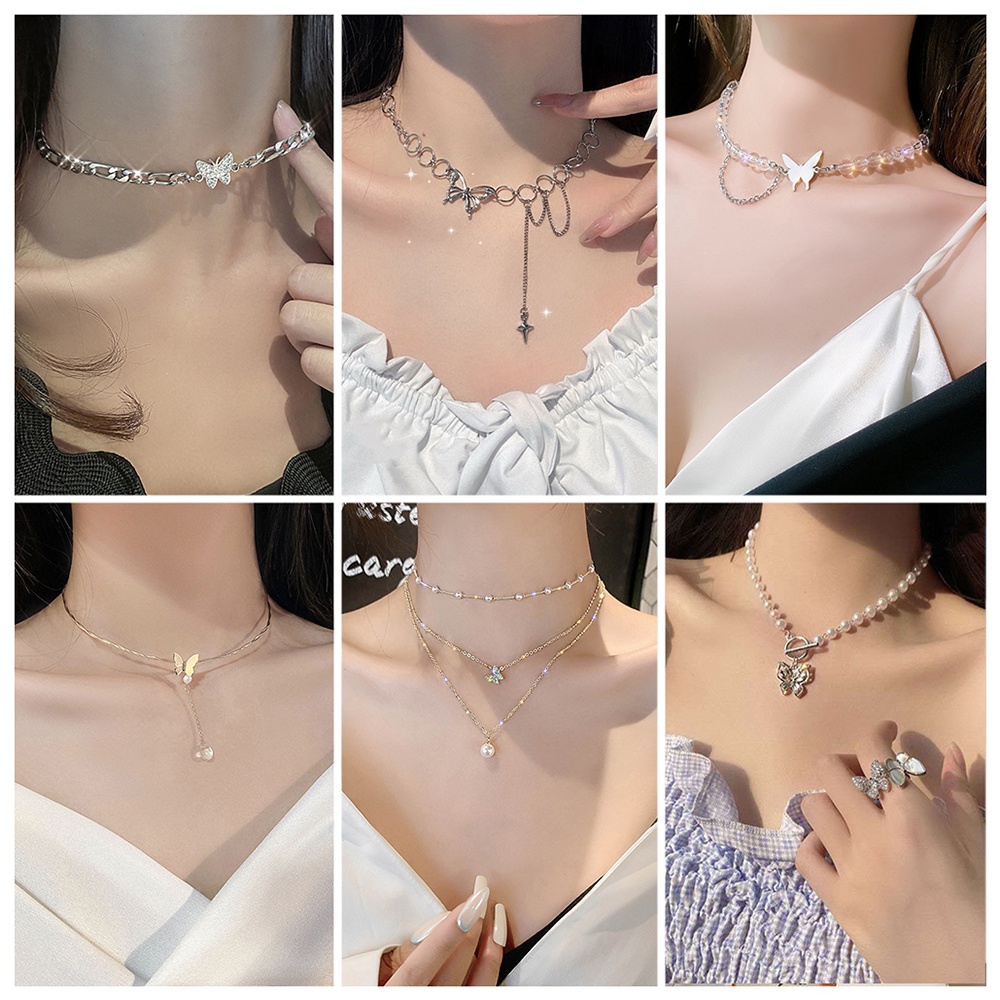 YEEZII Kalung Rantai Choker Hias Liontin Kupu-Kupu Mutiara Warna Emas Perak Gaya Korea Untuk Wanita