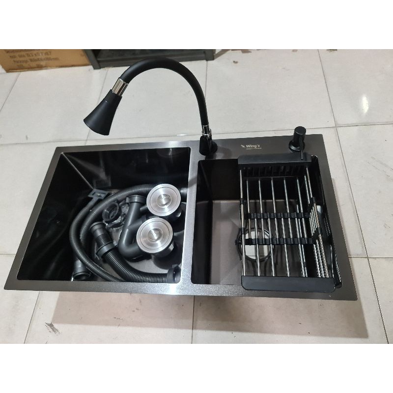 KITCHEN SINK BLACK HITAM / bak cuci piring 2 lubang stainless SUS304 tebal 3mm 82X45 ANTI KARAT