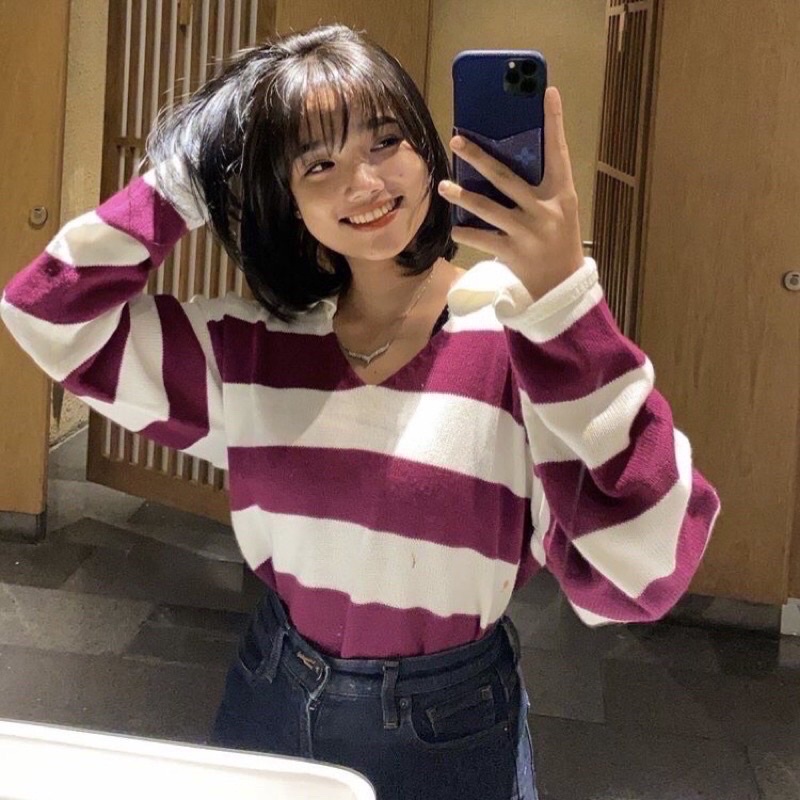 Blouse Crop Top Polo Sweater stripe byadinda rajut fuji Knit Korea