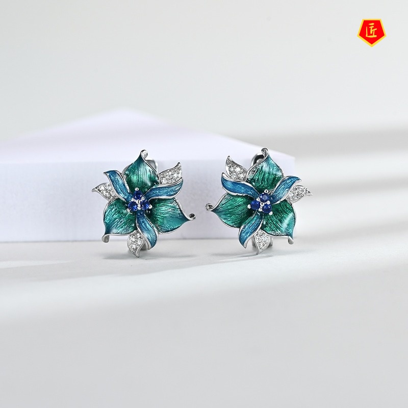 [Ready Stock]Elegant Green Flower Ring Necklace Earrings Pendant Set