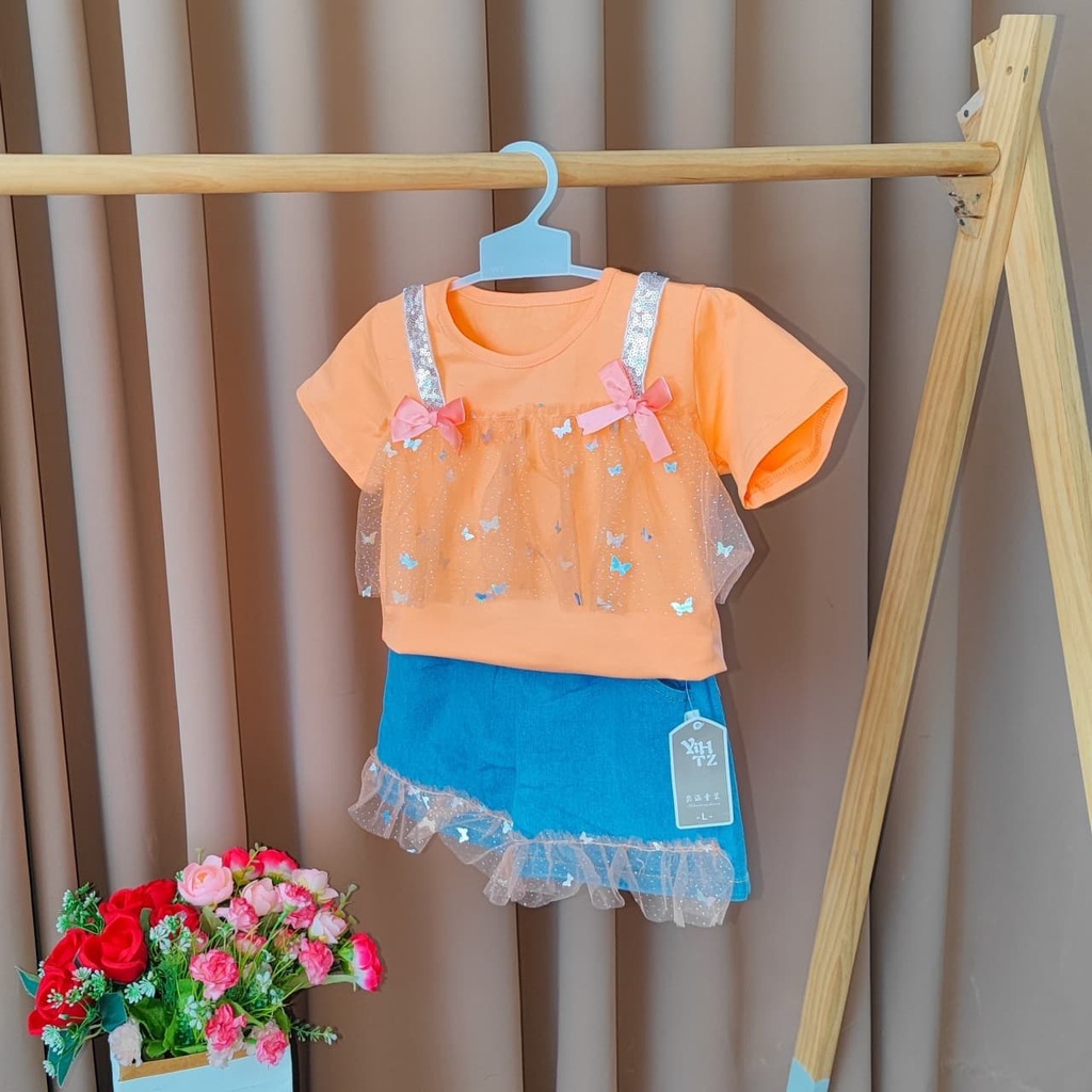 Promo !! Setelan baju anak perempuan / setelan rope furing butterfly hologram ukuran 1-4tahun / Setelan anak import trendy