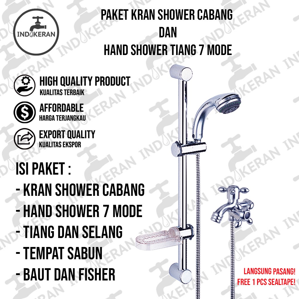 INDOKERAN - Paket Hand Shower Tiang dan Kran Shower Cabang Chrome - 1/2 Inch - High Quality