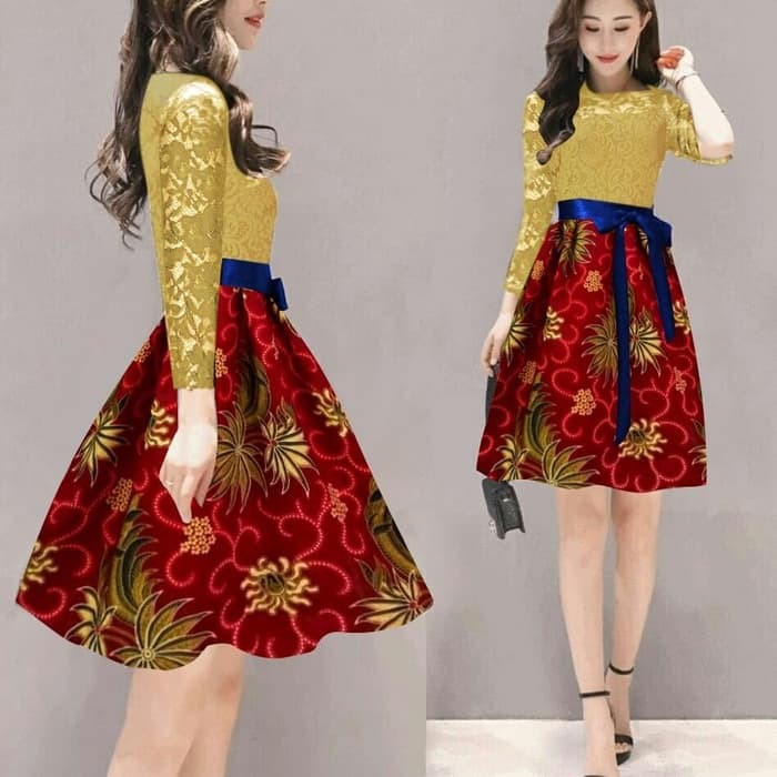 BEST SELLER MINI DRESS BRUKAT COMBI BATIK DRESS PESTA NATAL MAGDALENA GOLD MasDonaShop