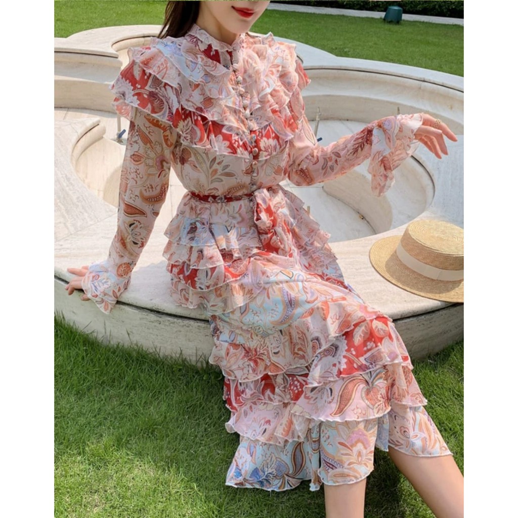 63320 DRESS 3M THREE M TM FLORAL TIER MAXI GROSIR DRES SUPPLIER Fashion Impor TERMURAH TERJANGKAU