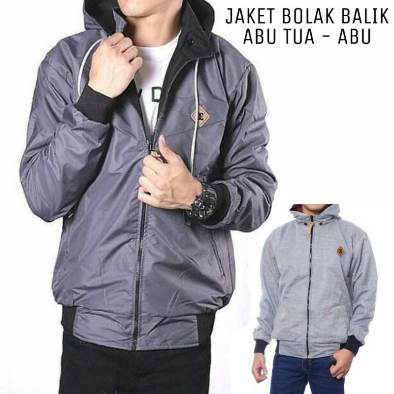JAKET BOLAK BALIK 2IN1 / JAKET MOTOR / BB / PARASUT / PRIA WANITA / DISTRO-ABU MUDA