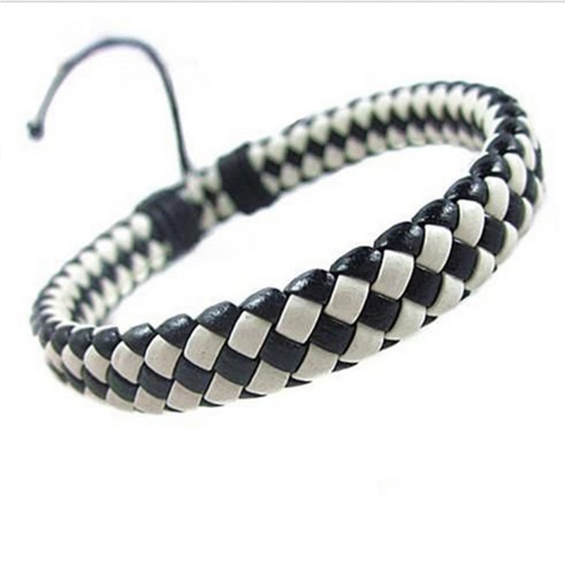 Gelang Pria Tenun Tangan Kulit Bangle Perhiasan Yang Dapat Disesuaikan | TiKi-White-Black