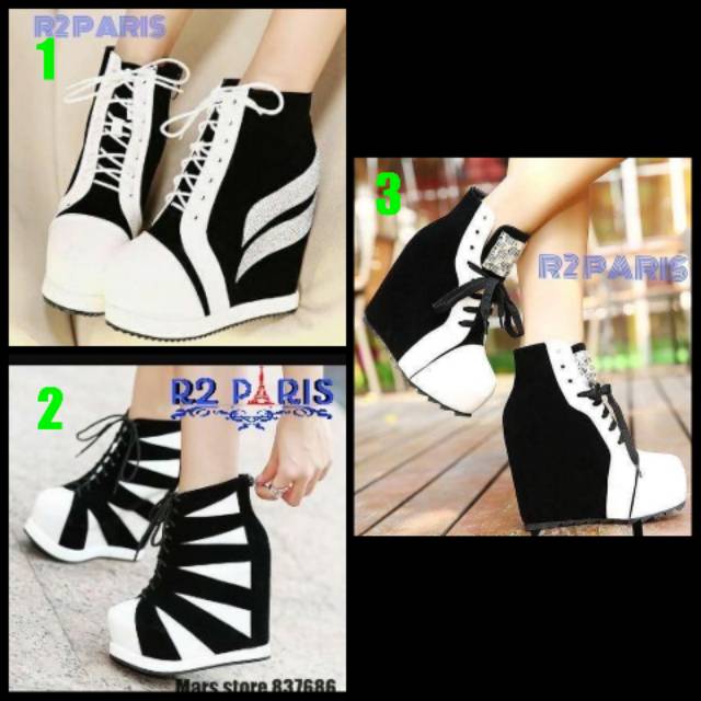 Sepatu boots wedges hitam putih,sepatu boots pesta wanita