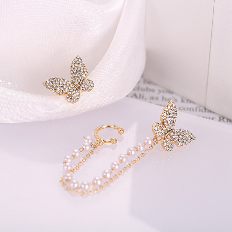 Fancyqube Anting Rantai Manik-Manik Kupu-Kupu Aksen Berlian Imitasi Gaya Korea Untuk Wanita