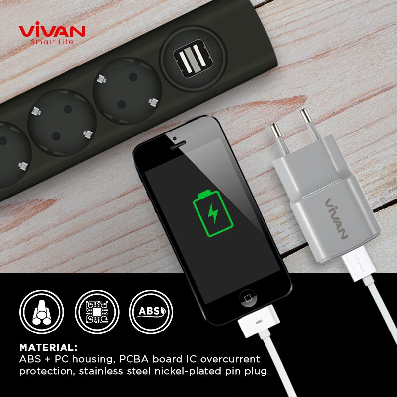 Charger HP VIVAN Casan Original Fast USB Charging 2.0 ( Power Oval Grey ) + Kabel iPhone FL100 Red