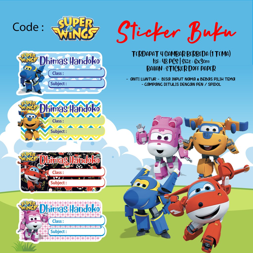 

Sticker / Stiker Buku Custom Nama Karakter Tema SUPERWINGS SUPER WINGS / WINNIE THE POOH