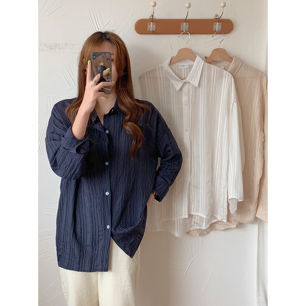 Atasan Wanita - Kemeja Wanita Lengan panjang import #Fionta -Cream & Biru