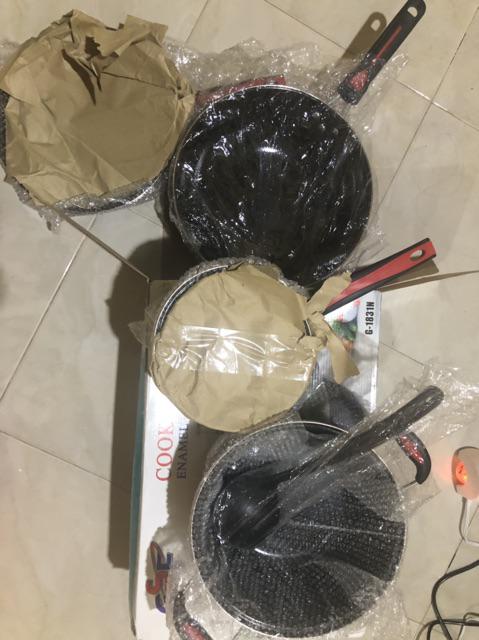 Panci Set Enamel  Cookware Set Anti Lengket Lengkap Dengan Tutup Kaca