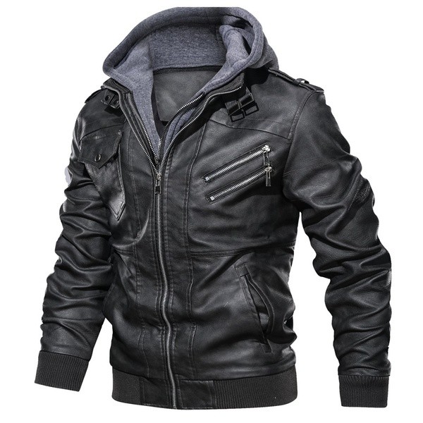 Jaket Kulit Motor Windproof Hoodie Military Army Bomber Leather Jacket Biker