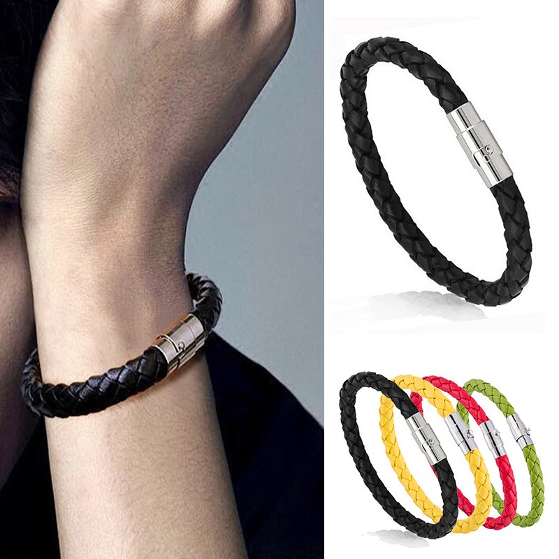 Fashion Tenunan Tali Kulit Gelang Magnetic Buckle Bangle Unisex Perhiasan Pasangan