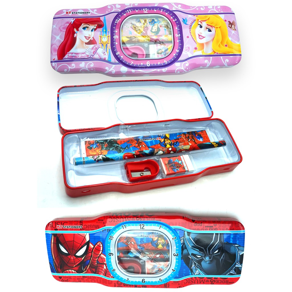 Kotak Pensil (Pencil Case) Besi Karakter Unik Frozen, Princess, Spiderman lengkap Isi Lucu