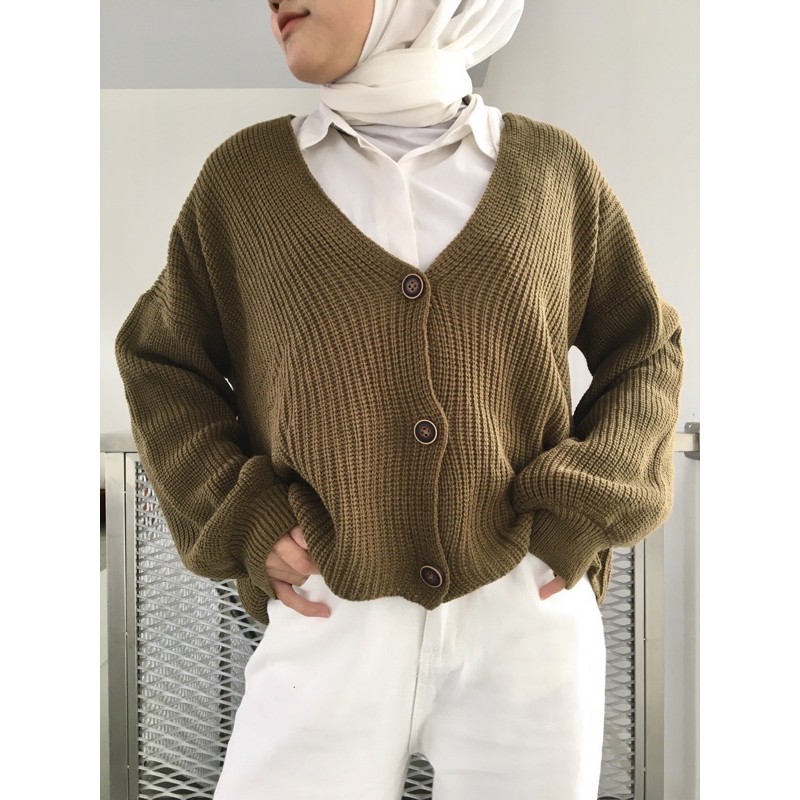 Lila Crop Cardigan Rajut Tebal Premium Oversize Cardigan Lengan Balon Kancing-Reseller Malaysia