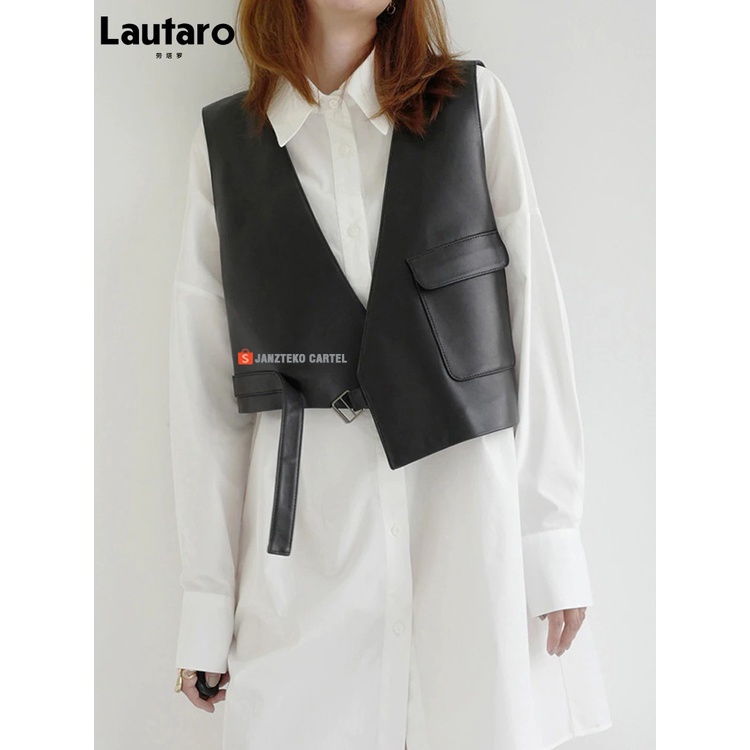 JNK x LAUTARO - Rompi Vest Crop Top Wanita Casual Bahan Semi Kulit Sintetis Viena Faux Synthetic Leather Premium Original Branded Korean Style KPOP Cewek Perempuan Baju Fashion Atasan Pendek Outfit Hijab Modern Muslim Kekinian Outer Knit Tali Zipper Saku
