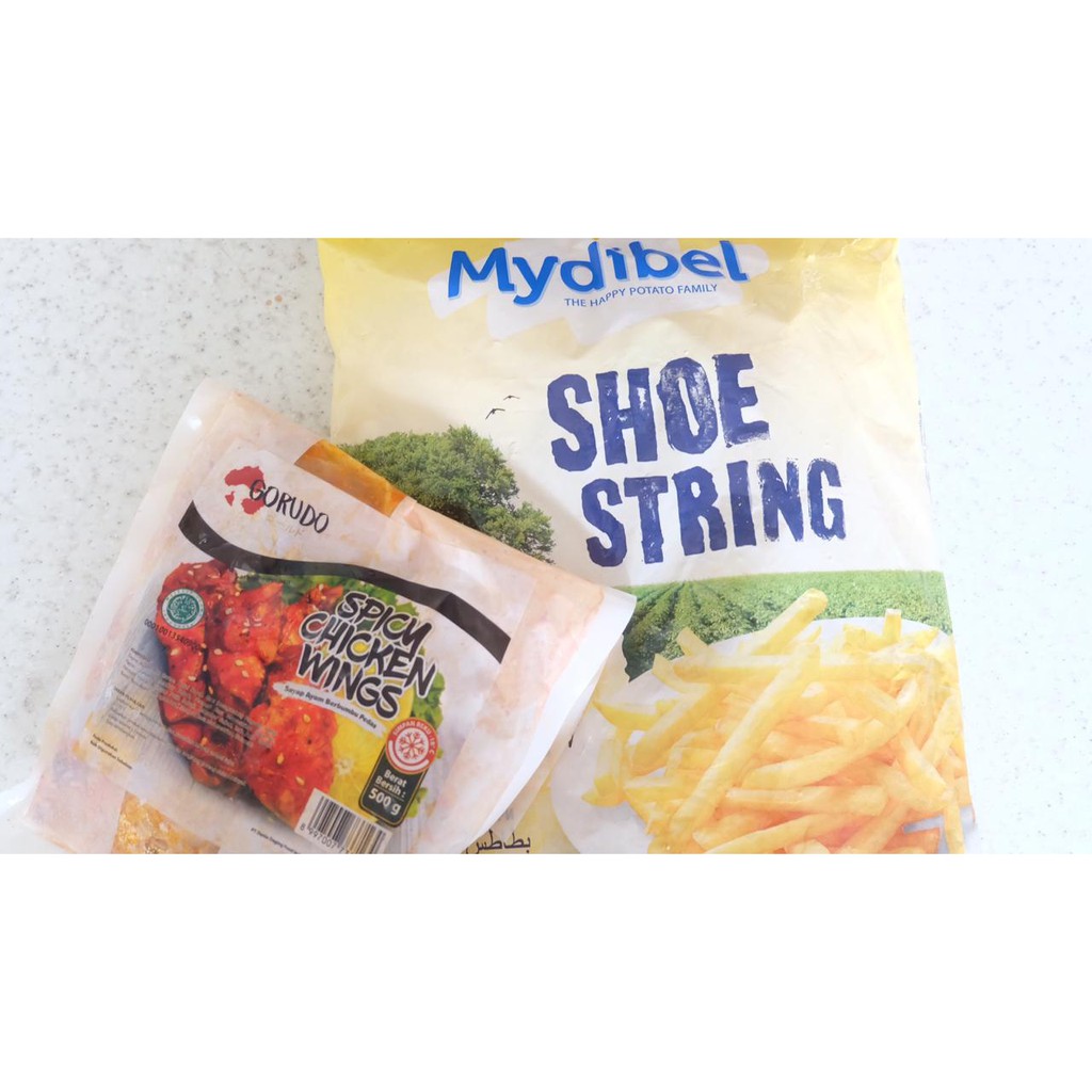 Paket Siap Saji Kentang Mydibel Shoestring 1Kg Dan Gurudo Spicy Chicken Wings 500G 100% Original