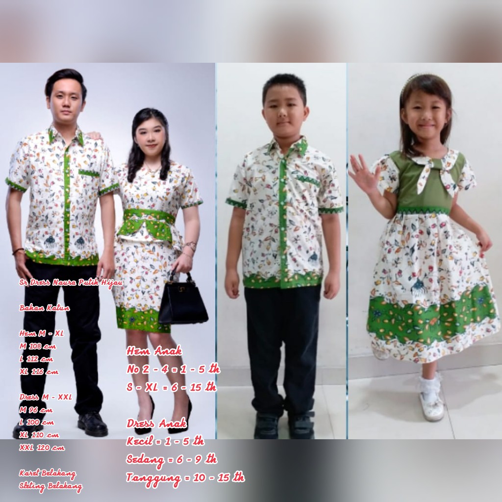 Batik Nusantara Couple Family Dress Batik naura Putih Hijau / sarimbit keluarga batik / OOTD Batik