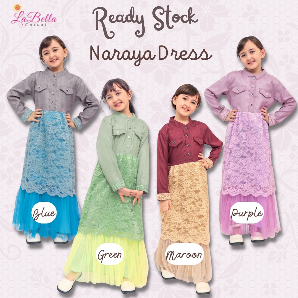 LONG DRESS KANCING DEPAN KEMEJA MUSLIM ANAK REMAJA TK SD LABELLA LENGAN PANJANG  NARAYA PURPLE UNGU 