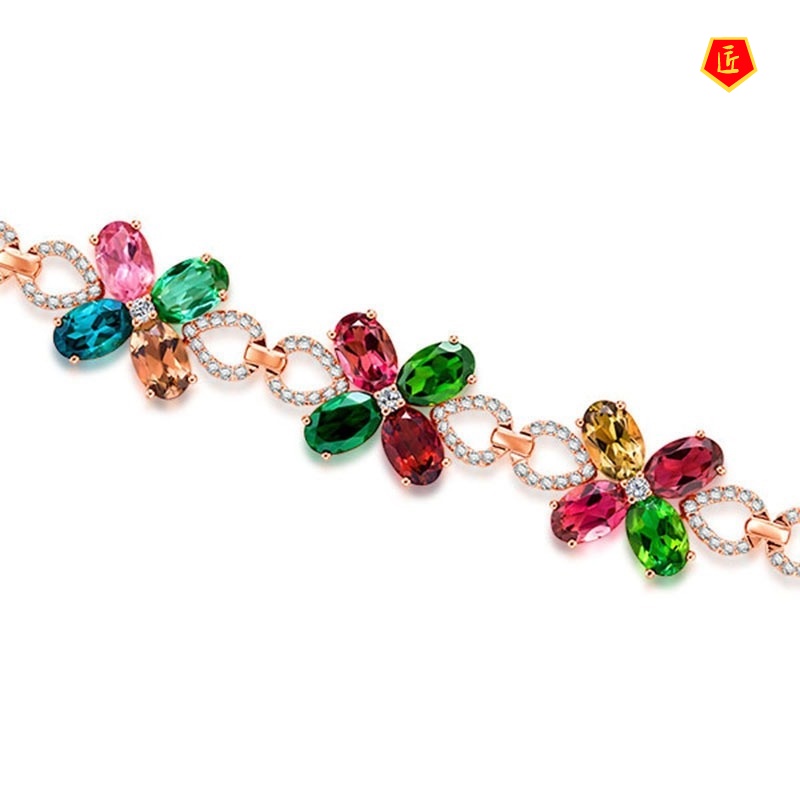 [Ready Stock]Fashionable Rose Gold Flower Colored Gems Bracelet